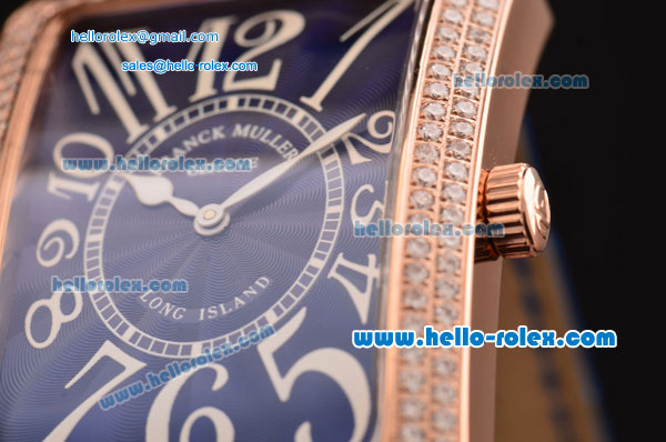 Franck Muller Long Island Swiss Quartz Rose Gold Case Diamond Bezel with Blue Leather Strap and Blue Dial - Click Image to Close